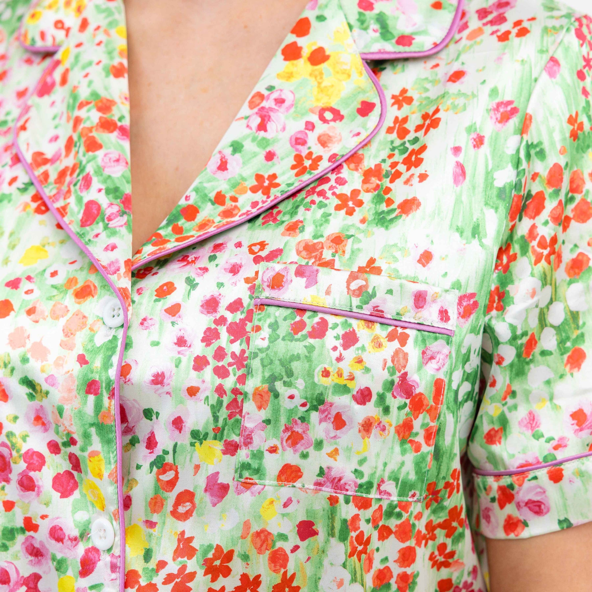 A closeup of the hand-painted digitally-printed pattern on The Happily Eva After Collection Jordan Pond Pajamas