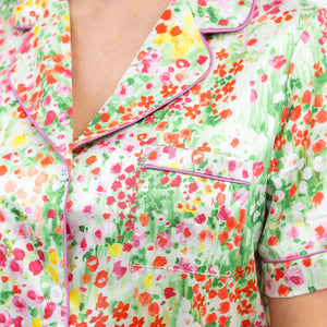 A closeup of the hand-painted digitally-printed pattern on The Happily Eva After Collection Jordan Pond Pajamas