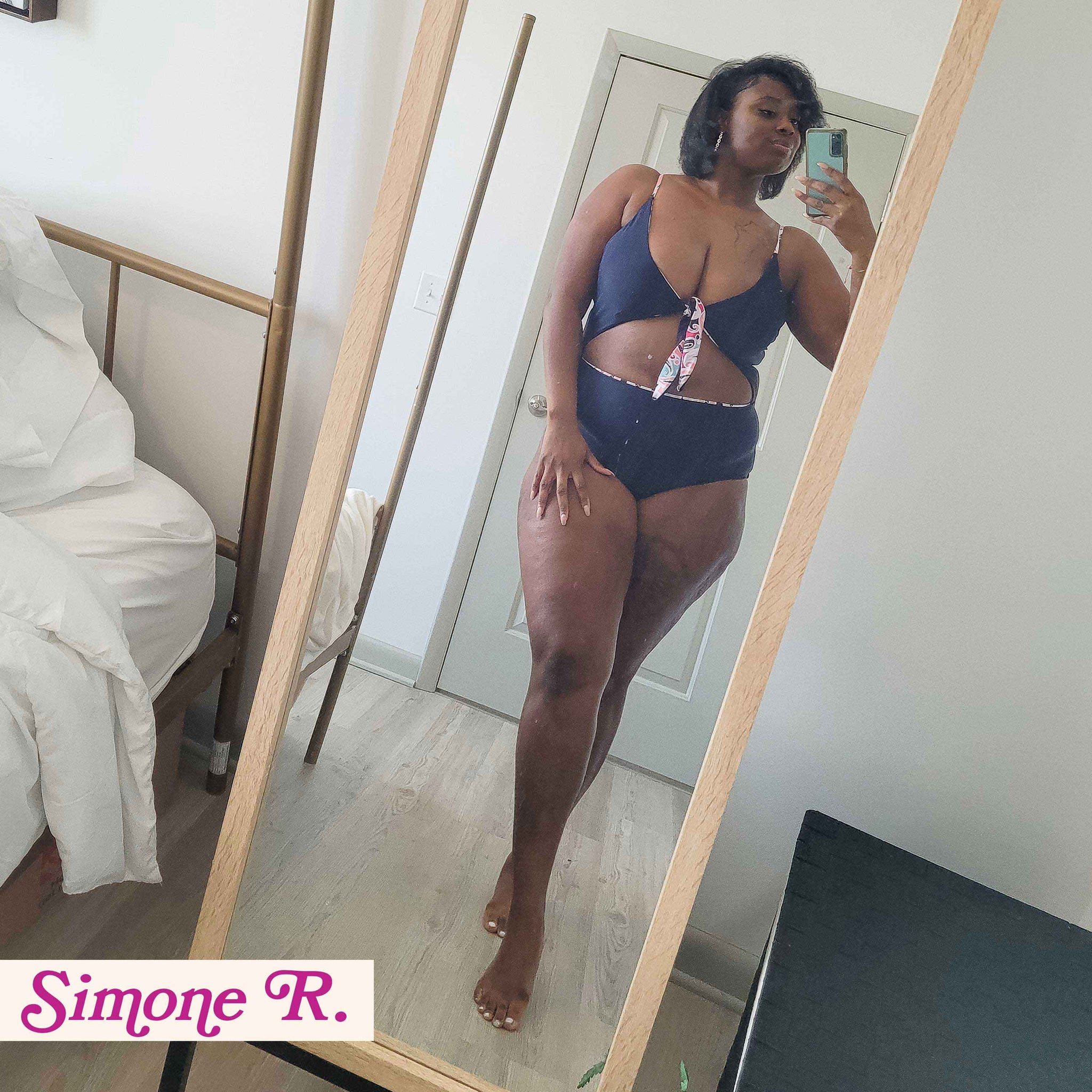 Simone R. wears The Happily Eva After Collection Reversible Heide Swimsuit
