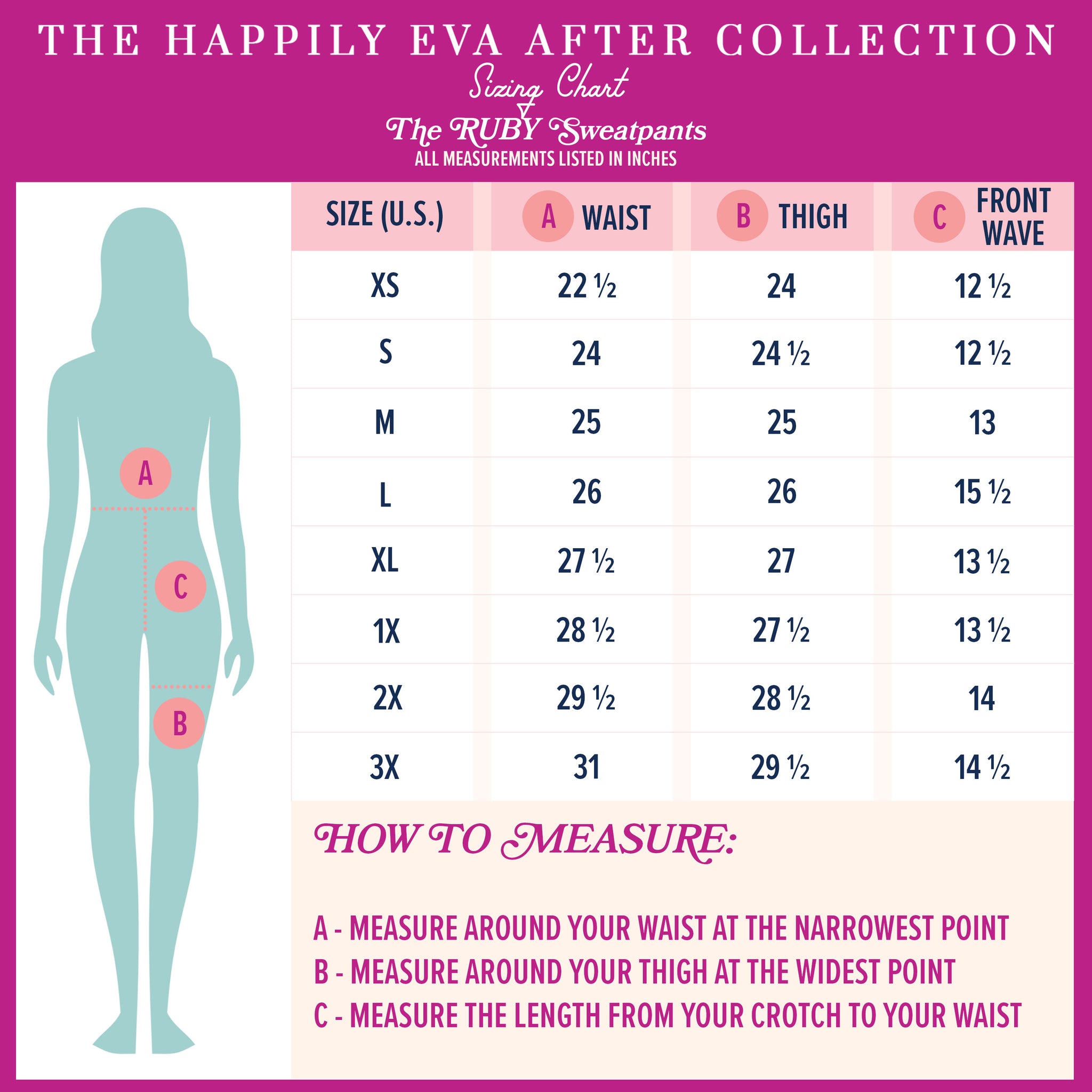 The Happily Eva After Collection Ruby Sweatpants Sizing Chart